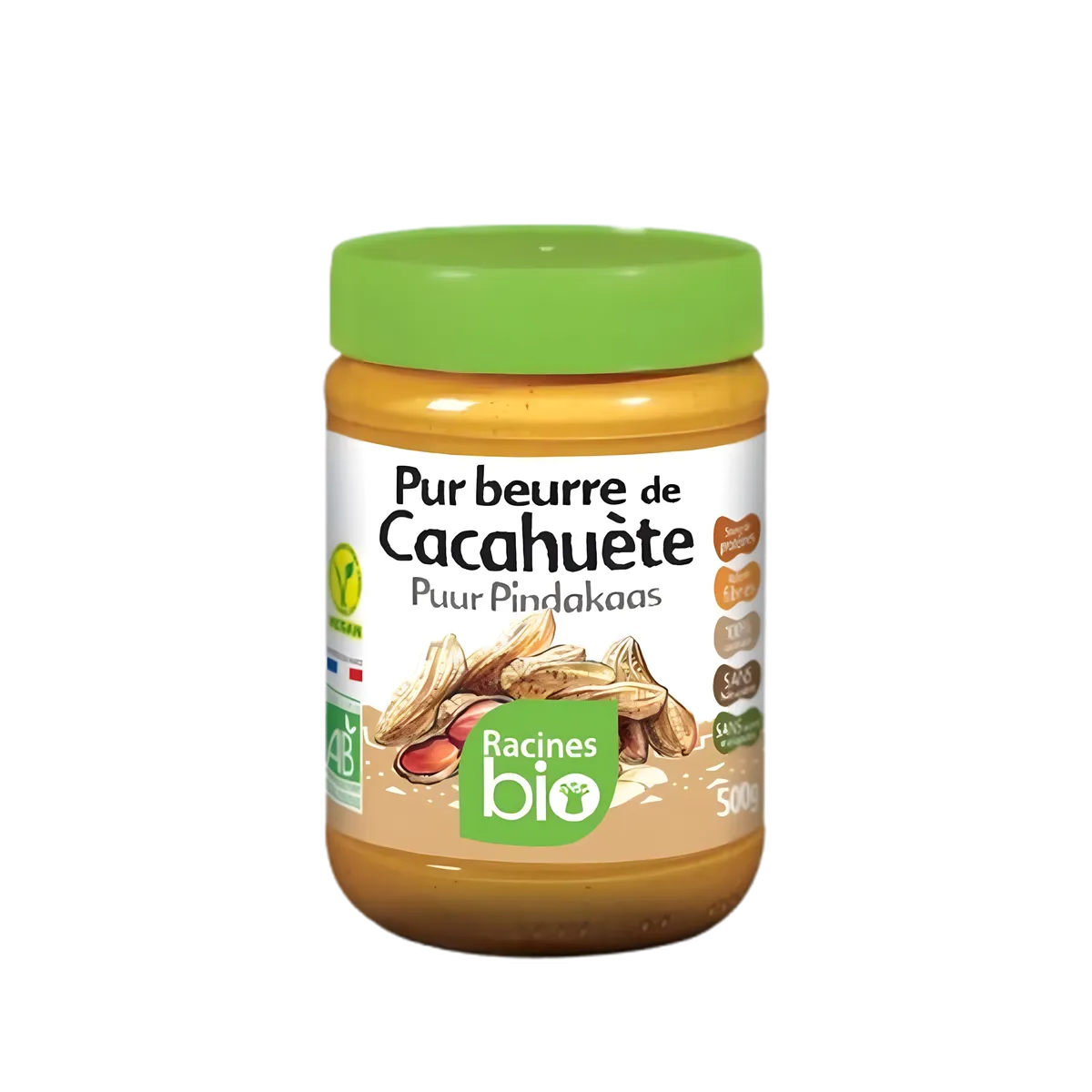 Pot de Beurre de Cacahuète RACINES BIO 500g avec étiquette verte, produit bio sans sucre ni huile, idéal pour une alimentation saine.