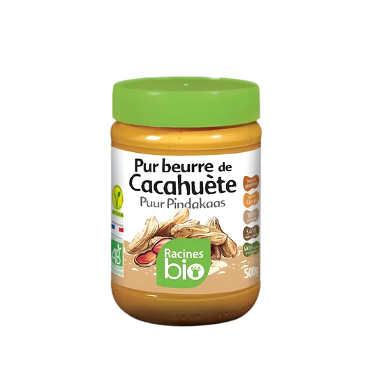 Pot de Beurre de Cacahuète RACINES BIO 500g avec étiquette verte, produit bio sans sucre ni huile, idéal pour une alimentation saine.