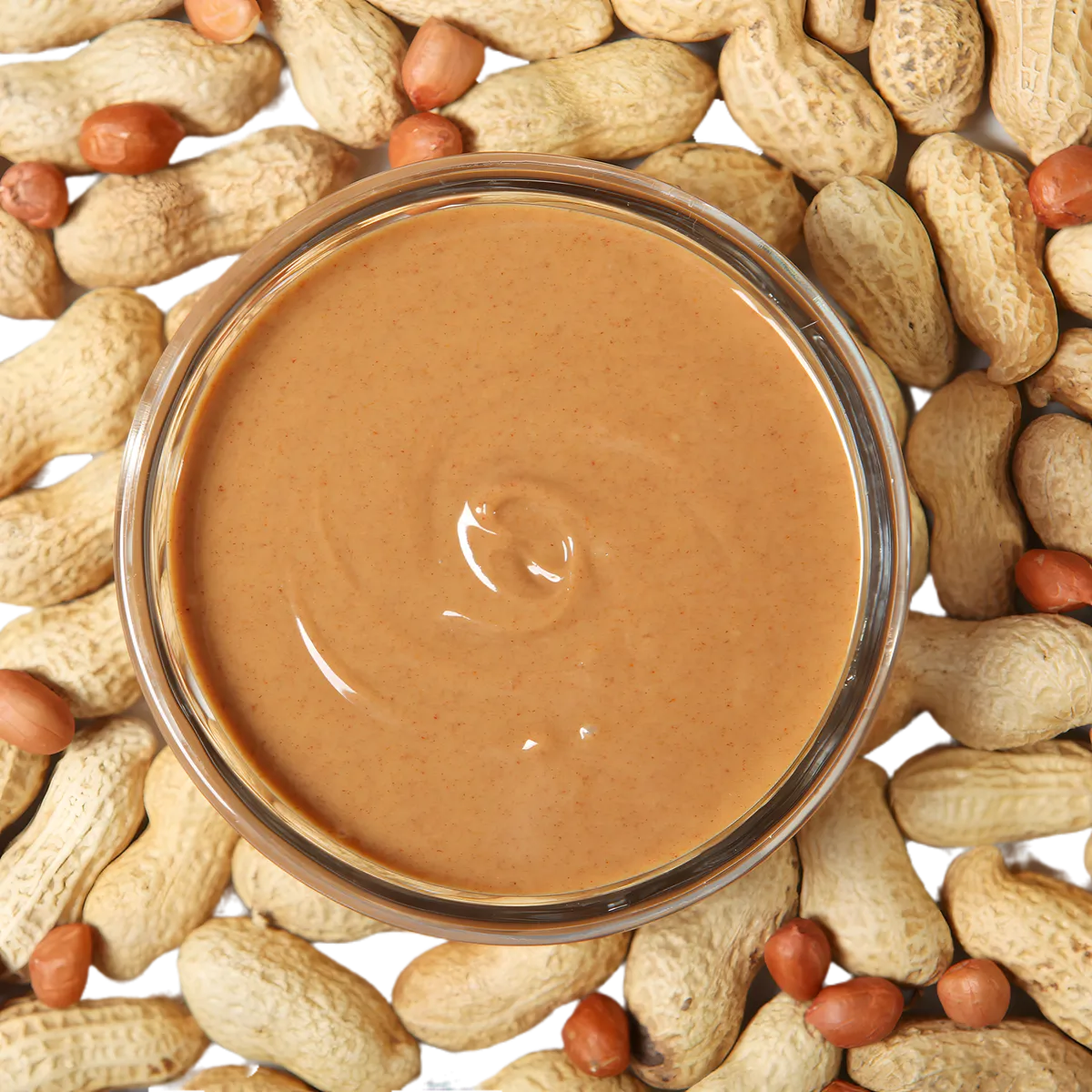 Bol de Beurre de Cacahuète RACINES BIO entouré de cacahuètes entières, mettant en valeur son origine naturelle et bio.