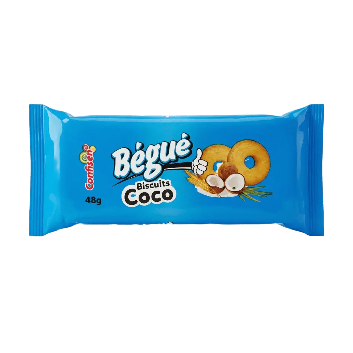 Blauw pakje BÉGUÉ kokoskoekjes 48g. Ronde koekjes, kokosnoot.