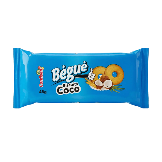 Blauw pakje BÉGUÉ kokoskoekjes 48g. Ronde koekjes, kokosnoot.