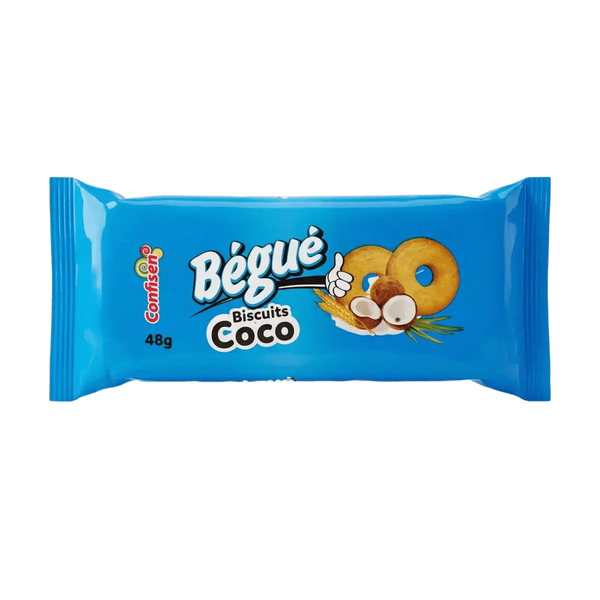 Paquet bleu de biscuits coco BÉGUÉ 48g. Biscuits ronds, noix de coco.