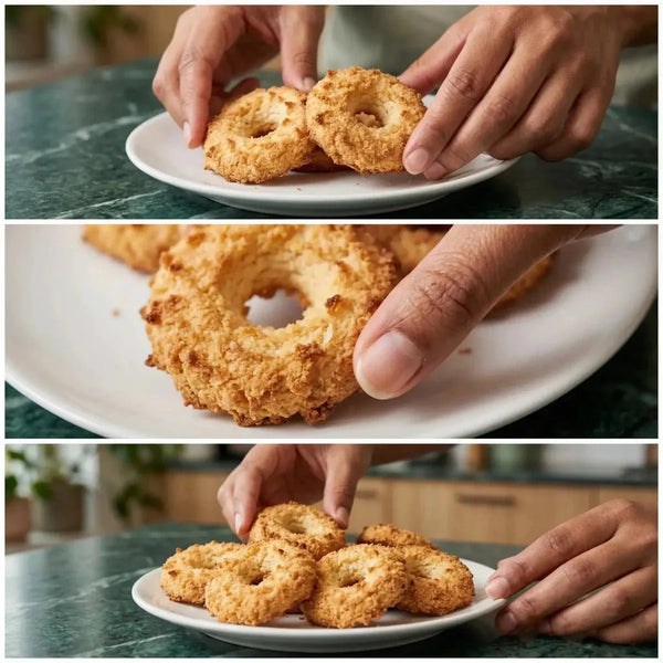Biscuits coco BÉGUÉ ronds avec trou central, présentés sur assiette. Mains manipulant biscuits.