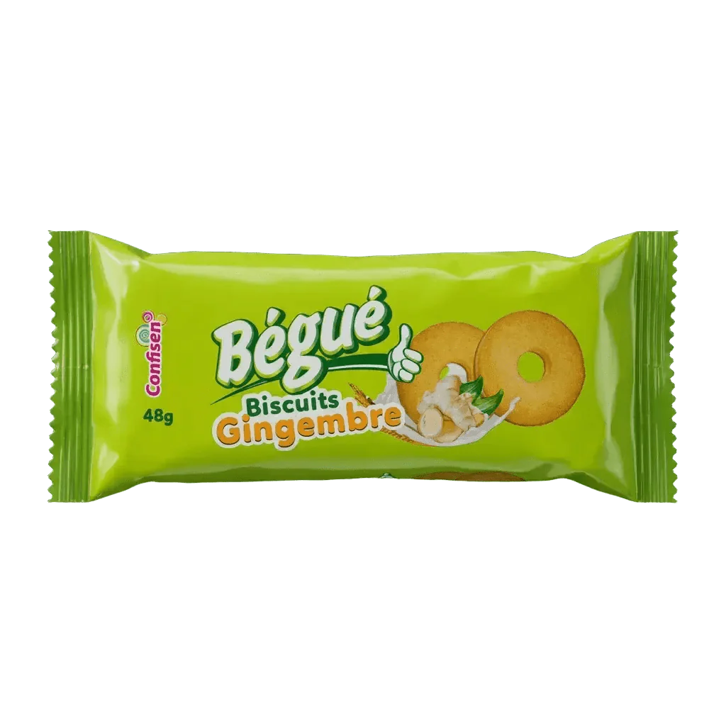 Pakje BÉGUÉ gemberkoekjes 48g, groene verpakking, goudbruine ronde koekjes.