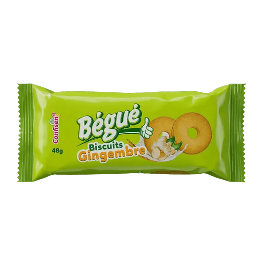 Pakje BÉGUÉ gemberkoekjes 48g, groene verpakking, goudbruine ronde koekjes.