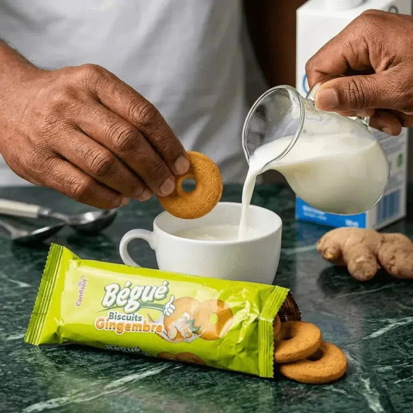 Biscuit Gingembre BÉGUÉ 48g. Biscuits trempés dans du lait. Emballage vert et donuts dorés.