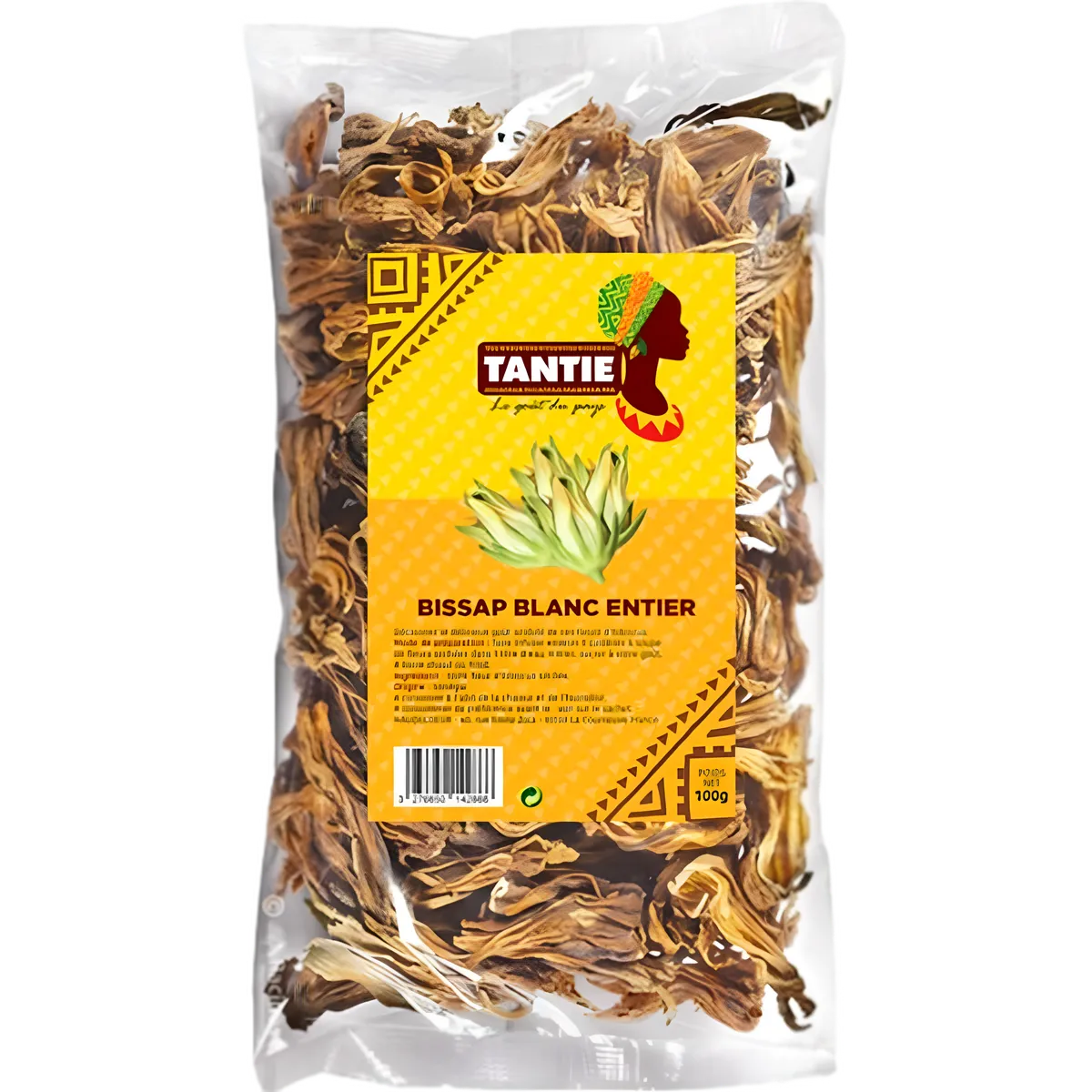 Bissap blanc entier TANTIE - Hibiscus séché en sachet de 100g, plante aromatique idéale pour infusions et boissons naturelles.