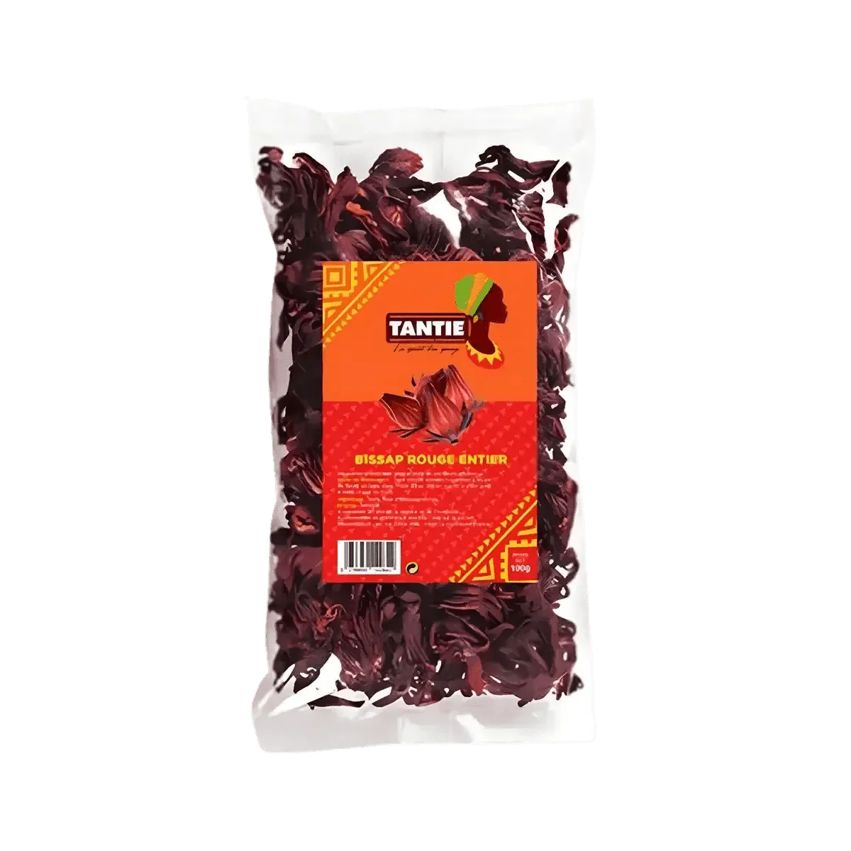 Transparant zakje met hele rode Bissap TANTIE, 100g op groene achtergrond. Oranje en rood verpakkingsmateriaal.