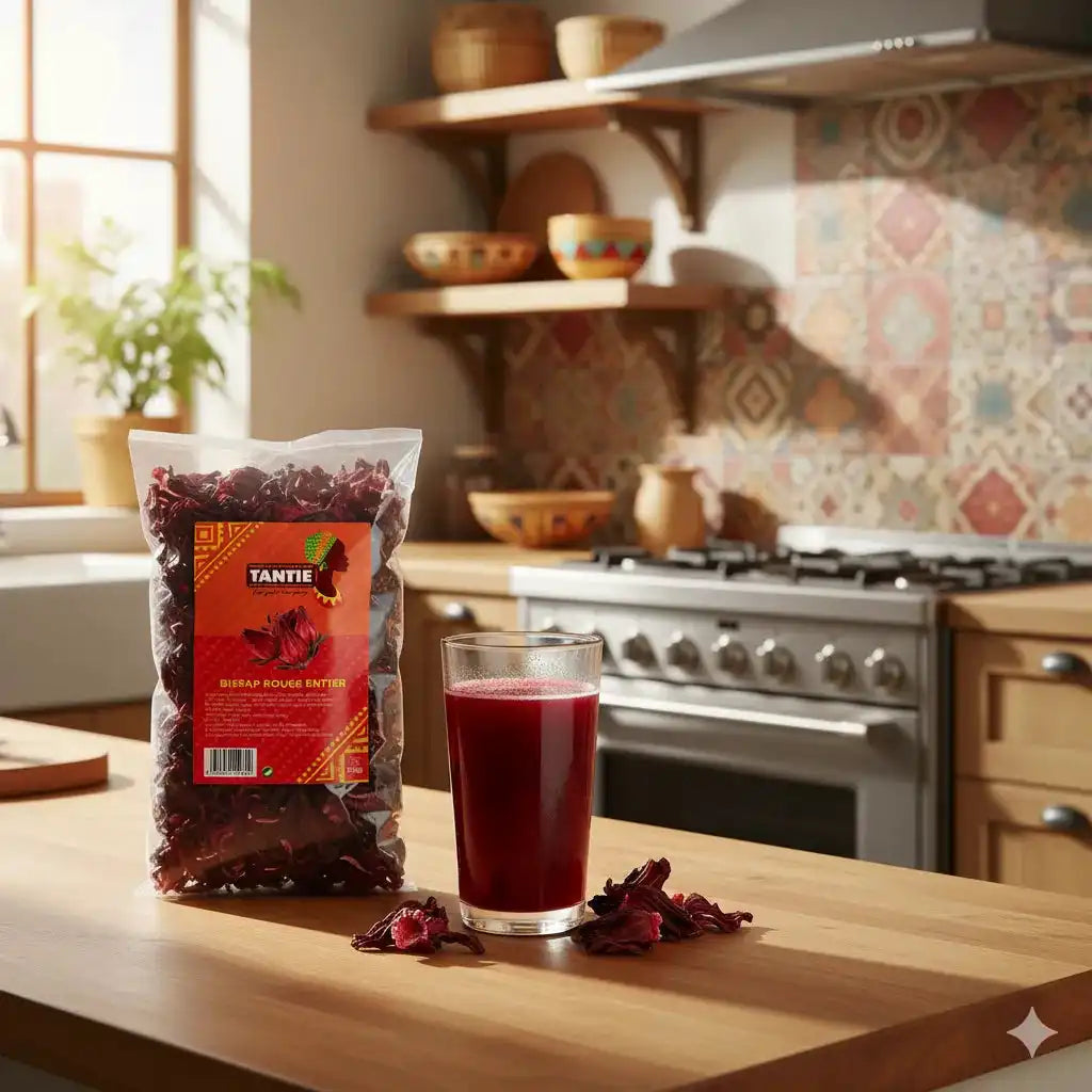 Sachet de Bissap rouge TANTIE avec verre de boisson infusée, posé sur un plan de travail en cuisine, infusion naturelle et rafraîchissante.