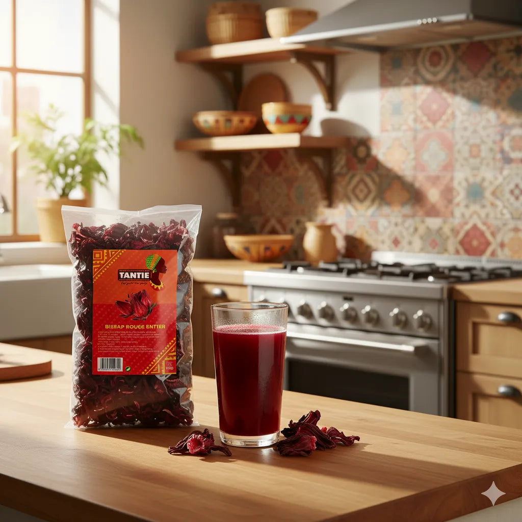 Sachet de Bissap rouge TANTIE avec verre de boisson infusée, posé sur un plan de travail en cuisine, infusion naturelle et rafraîchissante.