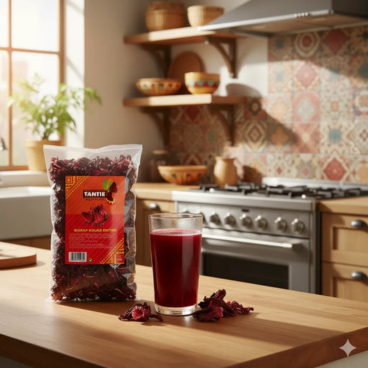 Sachet de Bissap rouge TANTIE avec verre de boisson infusée, posé sur un plan de travail en cuisine, infusion naturelle et rafraîchissante.