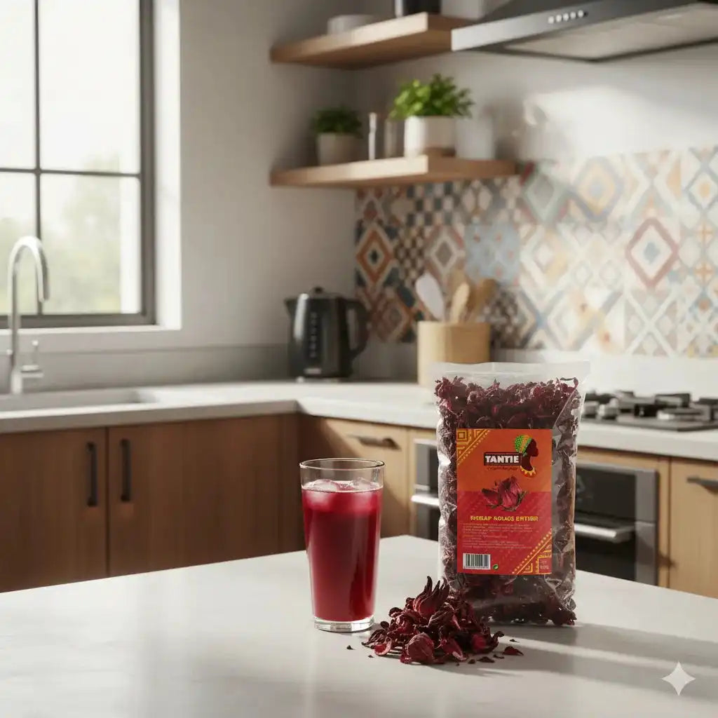 Bissap rouge TANTIE en sachet avec boisson préparée, mis en scène dans une cuisine moderne, idéal pour infusions maison et recettes saines.