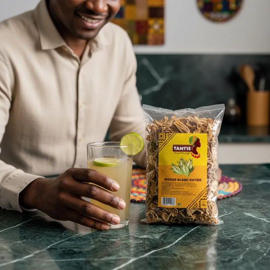 Homme dégustant une boisson à base de Bissap blanc entier TANTIE, infusion rafraîchissante à l'hibiscus séché sur table de cuisine moderne.