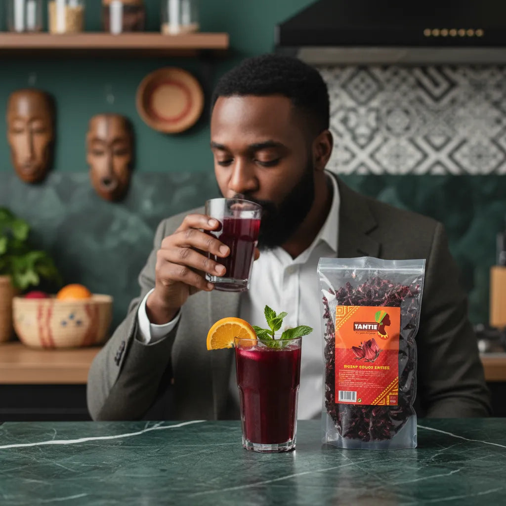 Homme dégustant une boisson à base de Bissap rouge TANTIE, avec sachet de fleurs d'hibiscus en arrière-plan. Parfait pour infusions rafraîchissantes.