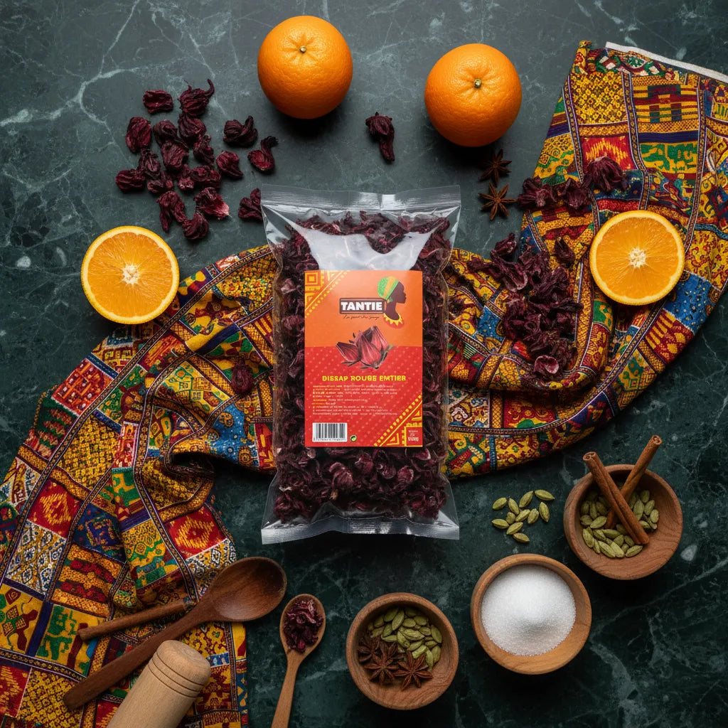 Sachet de Bissap rouge entier TANTIE entouré d'épices, d'oranges et de tissu africain. Ingrédient idéal pour infusions exotiques et boissons maison.