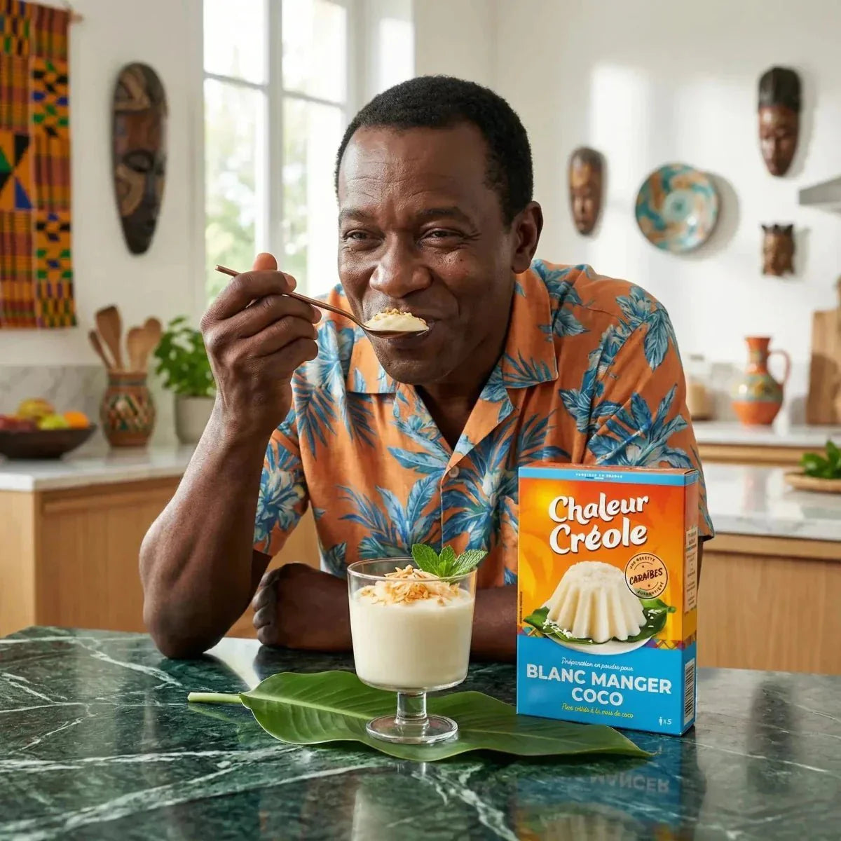 Un homme déguste un blanc manger coco Chaleur Créole. Boîte bleue et orange visible.