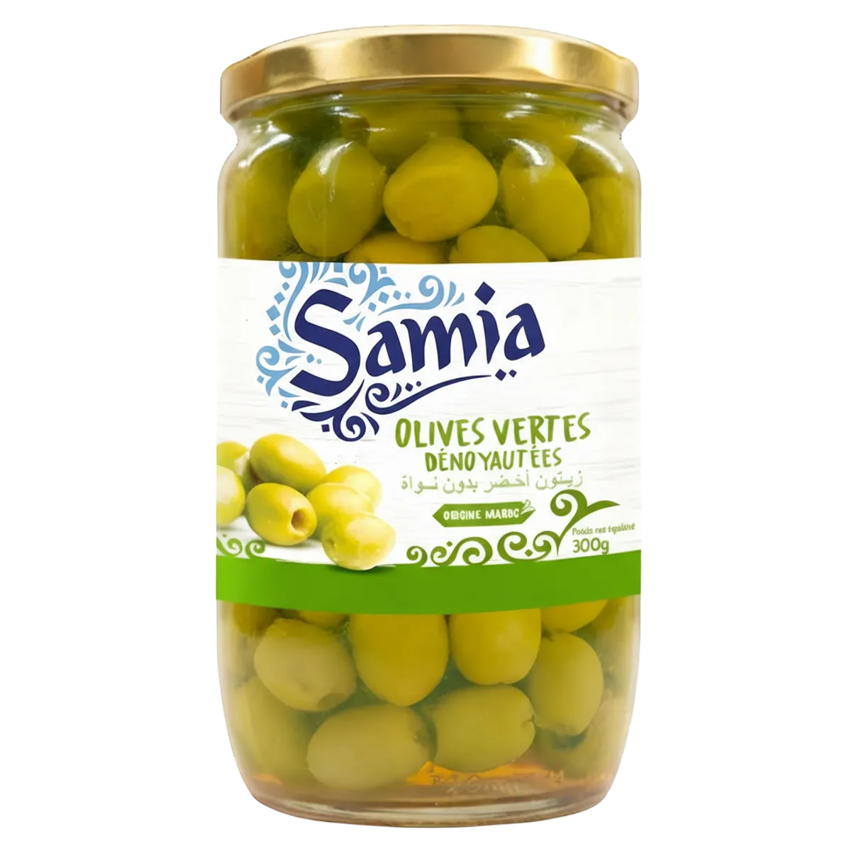 Bocal de 300g d'olives vertes dénoyautées SAMIA avec étiquette colorée, parfait pour l'épicerie salée et les plats méditerranéens.