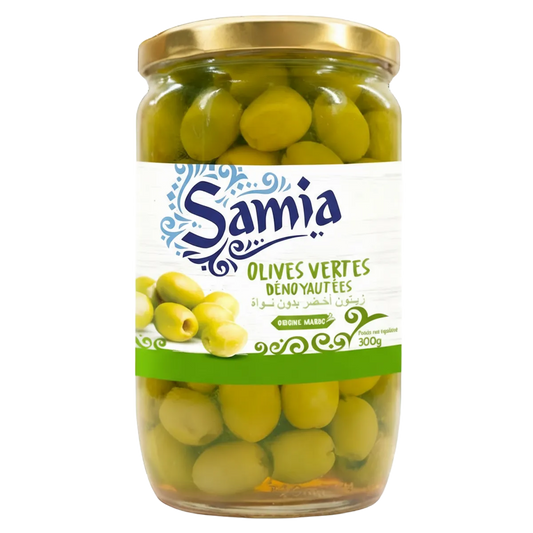 Bocal de 300g d'olives vertes dénoyautées SAMIA avec étiquette colorée, parfait pour l'épicerie salée et les plats méditerranéens.