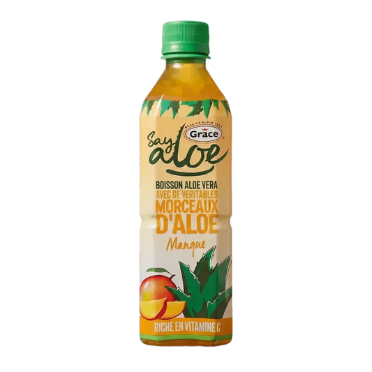 Close-up van een fles GRACE aloëverasap mango.