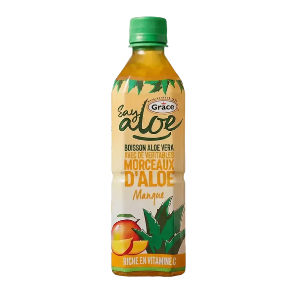 Nahaufnahme einer Flasche GRACE Aloe-Vera-Mango-Saft.