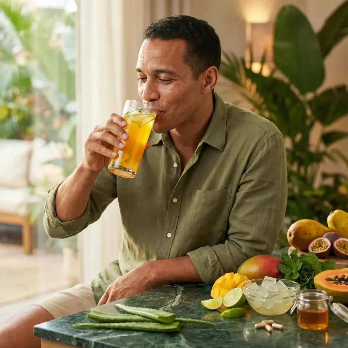 Man die een GRACE mango-aloe vera sap drinkt. Verse vruchten, aloe vera.