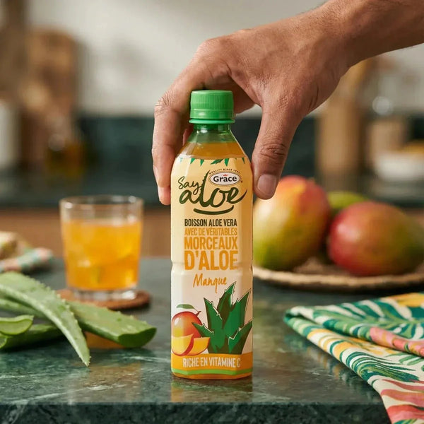Aloe-Vera-Mango-Saft GRACE auf einer Küchentheke mit Glas und Aloe Vera präsentiert.