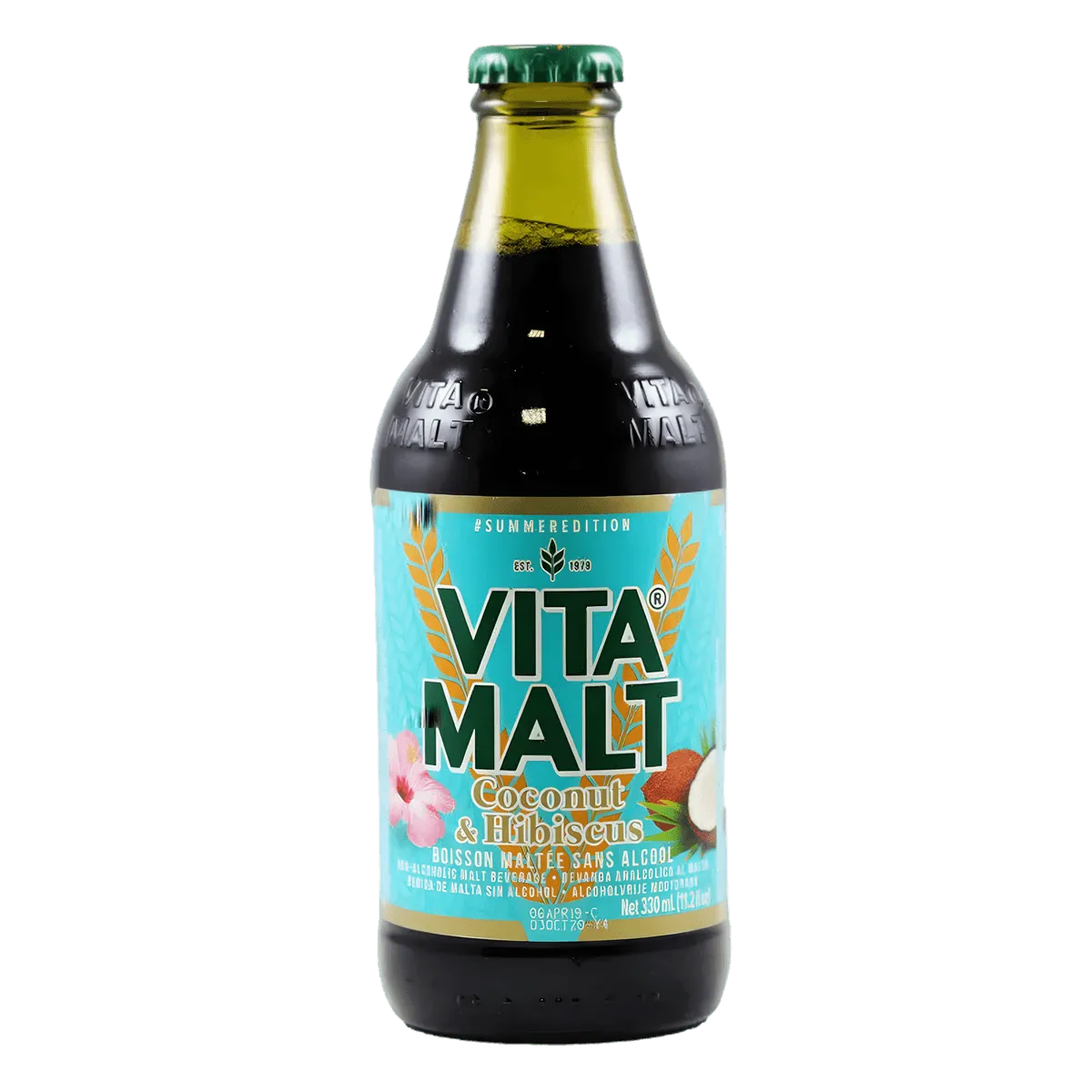 Boisson au malt au coco et hibiscus VITA MALT - BOISSON - NKOSI, bouteille en verre de 330 ml avec étiquette turquoise et illustrations tropicales.