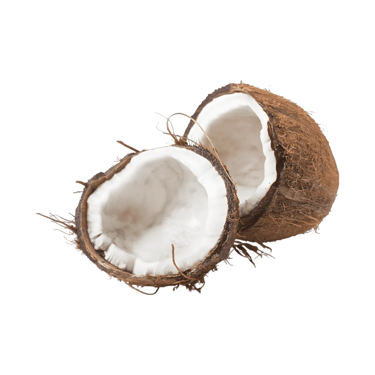 Noix de coco ouverte révélant la chair blanche, ingrédient clé de la boisson au malt au coco et hibiscus VITA MALT - BOISSON - NKOSI.