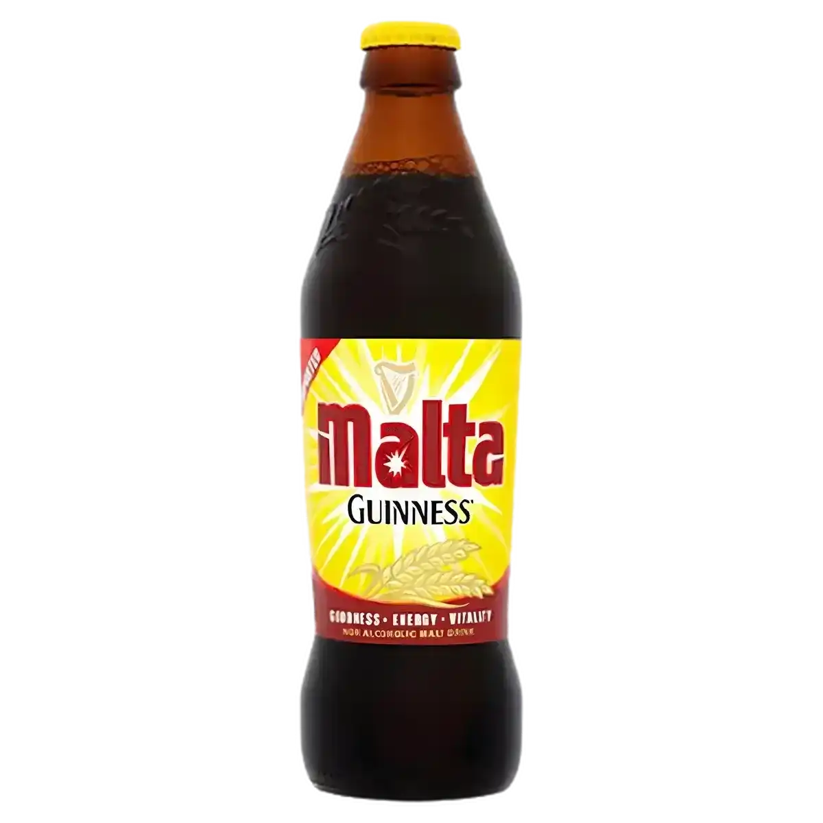 Boisson au malt GUINNESS - BOISSON - NKOSI, bouteille en verre de bière sans alcool à base d’orge malté, étiquette jaune et rouge distinctive.