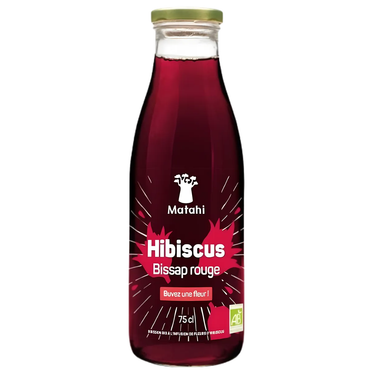 Boisson bio hibiscus MATAHI en bouteille de 75cl, boisson hibiscus bio à la saveur acidulée, idéale pour une consommation naturelle et exotique.