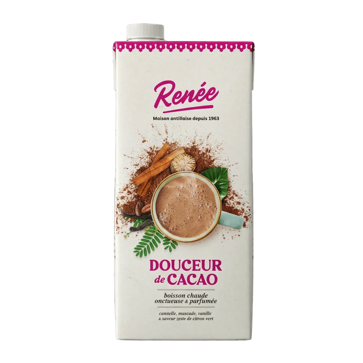 Pak cacao drank RENÉE 1L. Aantrekkelijk beeld: warme cacao, kaneel, nootmuskaat, vanille.