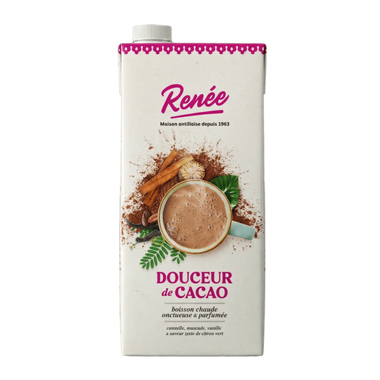 Pak cacao drank RENÉE 1L. Aantrekkelijk beeld: warme cacao, kaneel, nootmuskaat, vanille.