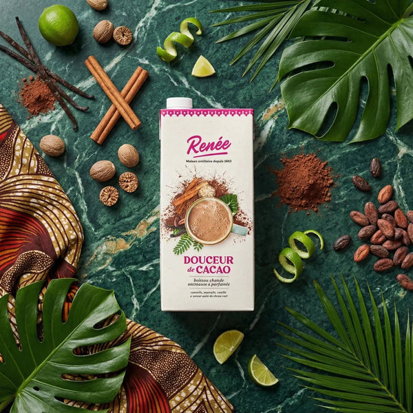 RENÉE Cocoa Drink 1L, tropical design (cocoa, cinnamon, vanilla, lime). White packaging.