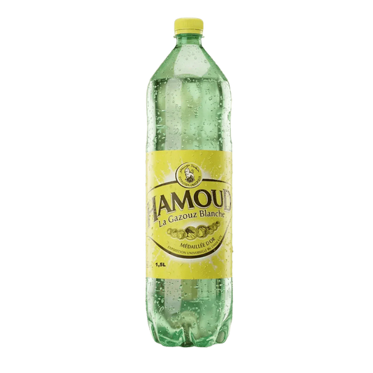 Botella de limonada gaseosa HAMOUD, etiqueta amarilla, formato 1.5L, refresco burbujeante.