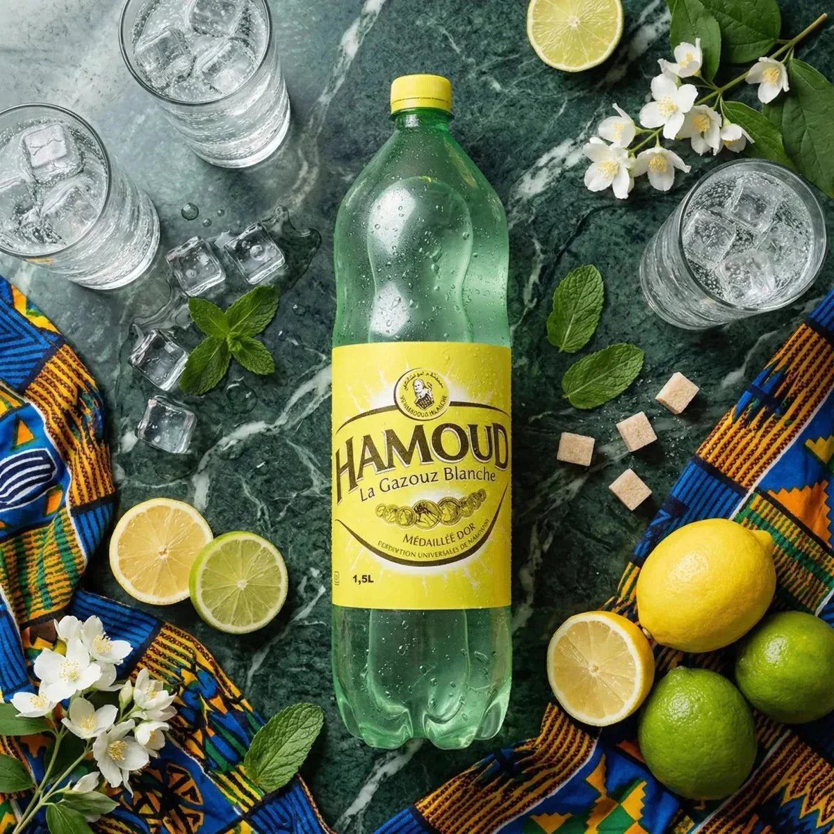 Hamoud limonade 1,5L op marmeren tafel met glazen, citroenen, limoenen, munt, suiker.