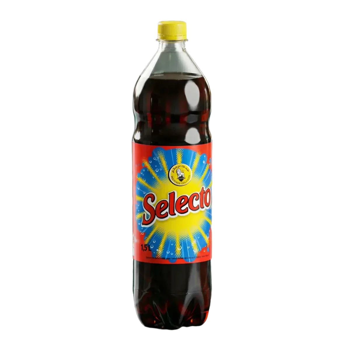 1,5L plastic fles van Selecto, Algerijnse frisdrank, rood-gele etikettering.