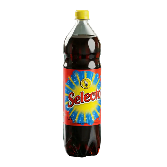 1,5L plastic fles van Selecto, Algerijnse frisdrank, rood-gele etikettering.