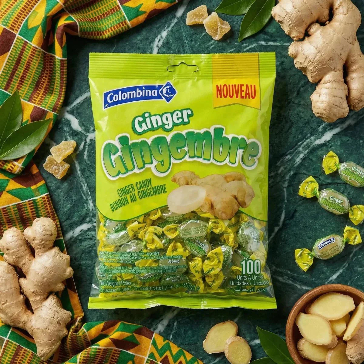 Caramelos de jengibre "Colombina Gingembre" en bolsa verde, con jengibre fresco confitado.