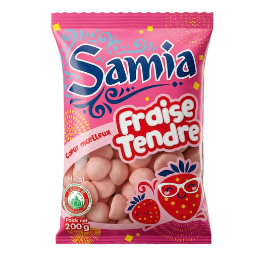 Paquet rose de bonbons Fraise Tendre SAMIA, 200g. Fraises stylisées. Mention Halal.