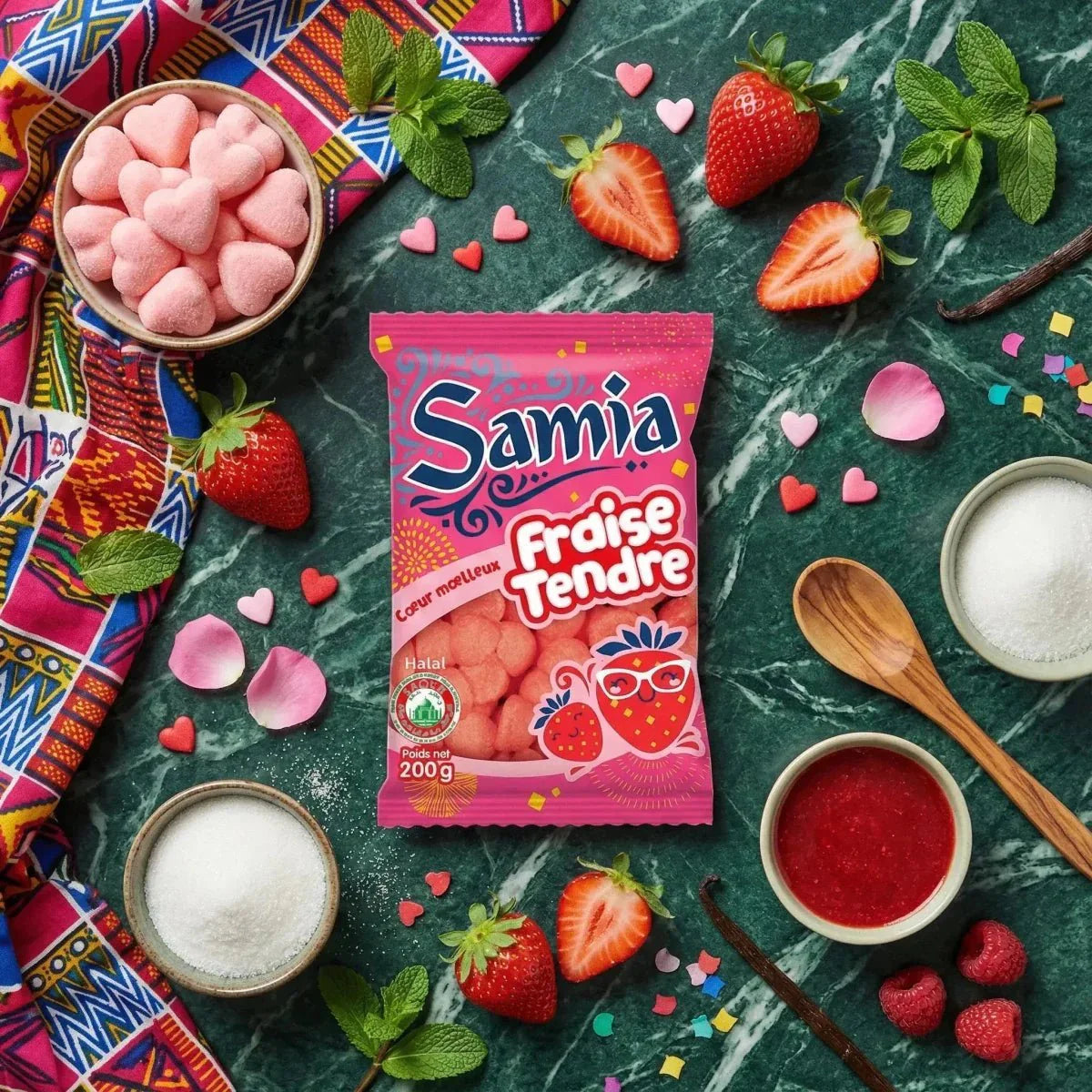 Zakje Samia zachte aardbeien snoepjes 200g, roze hartjes, verse aardbeien, jam, suiker.