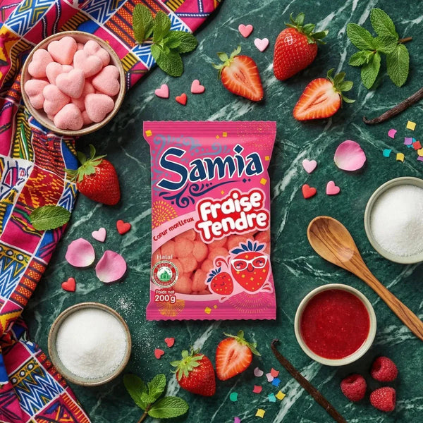 Sachet Bonbons Samia Zarte Erdbeere 200g, rosa Herzen, frische Erdbeeren, Marmelade, Zucker.