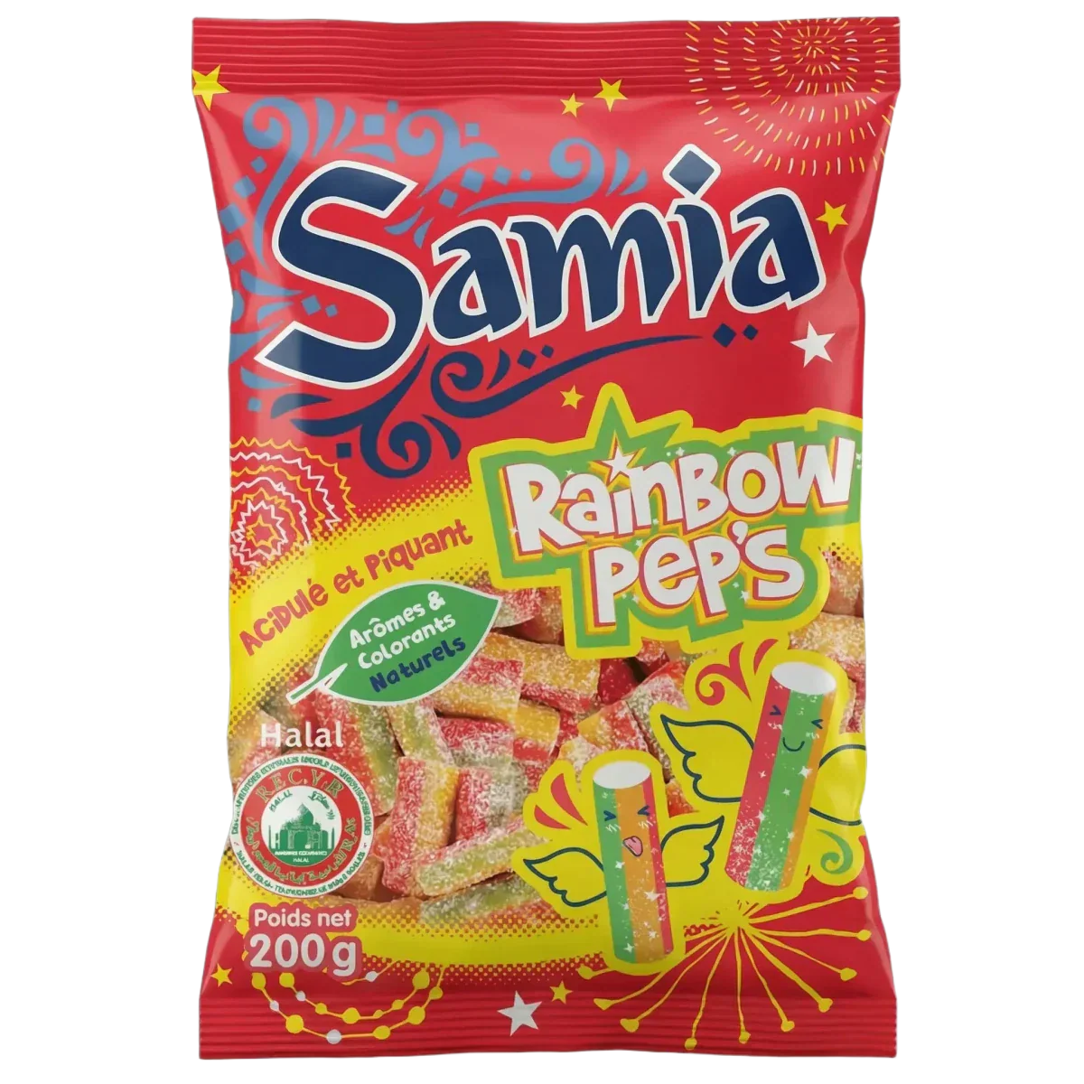 Rood zakje met Rainbow Peps Samia halal snoepjes, felle kleuren, feestelijke decoratie.