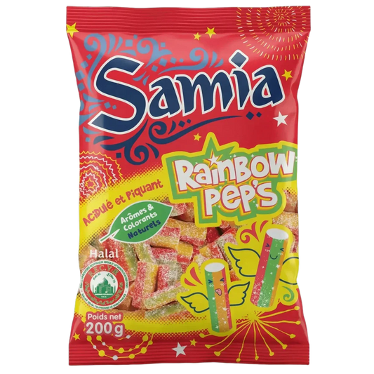 Rood zakje met Rainbow Peps Samia halal snoepjes, felle kleuren, feestelijke decoratie.