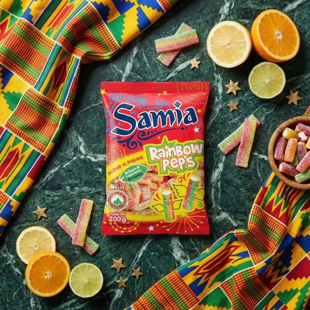 Rainbow Peps Halal Candies SAMIA 200g. Red bag, bright colors, citrus, golden stars.