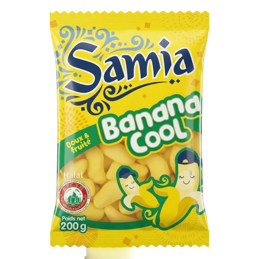 Geel zakje met "Banana Cool" Samia halal snoepjes. Afbeeldingen van lachende bananen. 200g.
