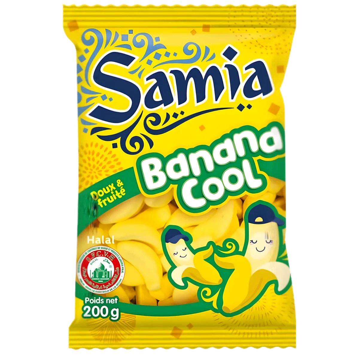 Bonbons Banane Halal - SAMIA en sachet de 200g, confiserie fruitée et moelleuse certifiée halal, idéale pour l'épicerie sucrée.