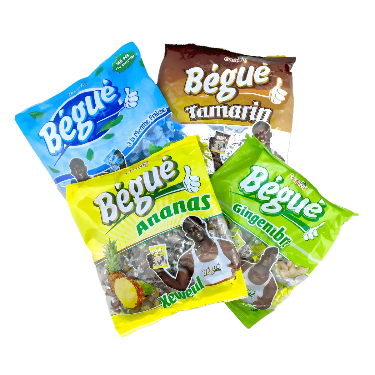 Assortiment de bonbons BÉGUÉ - Gingembre, Ananas, Tamarin et Menthe fraîche, en sachets colorés. Épicerie sucrée aux saveurs originales exotiques.