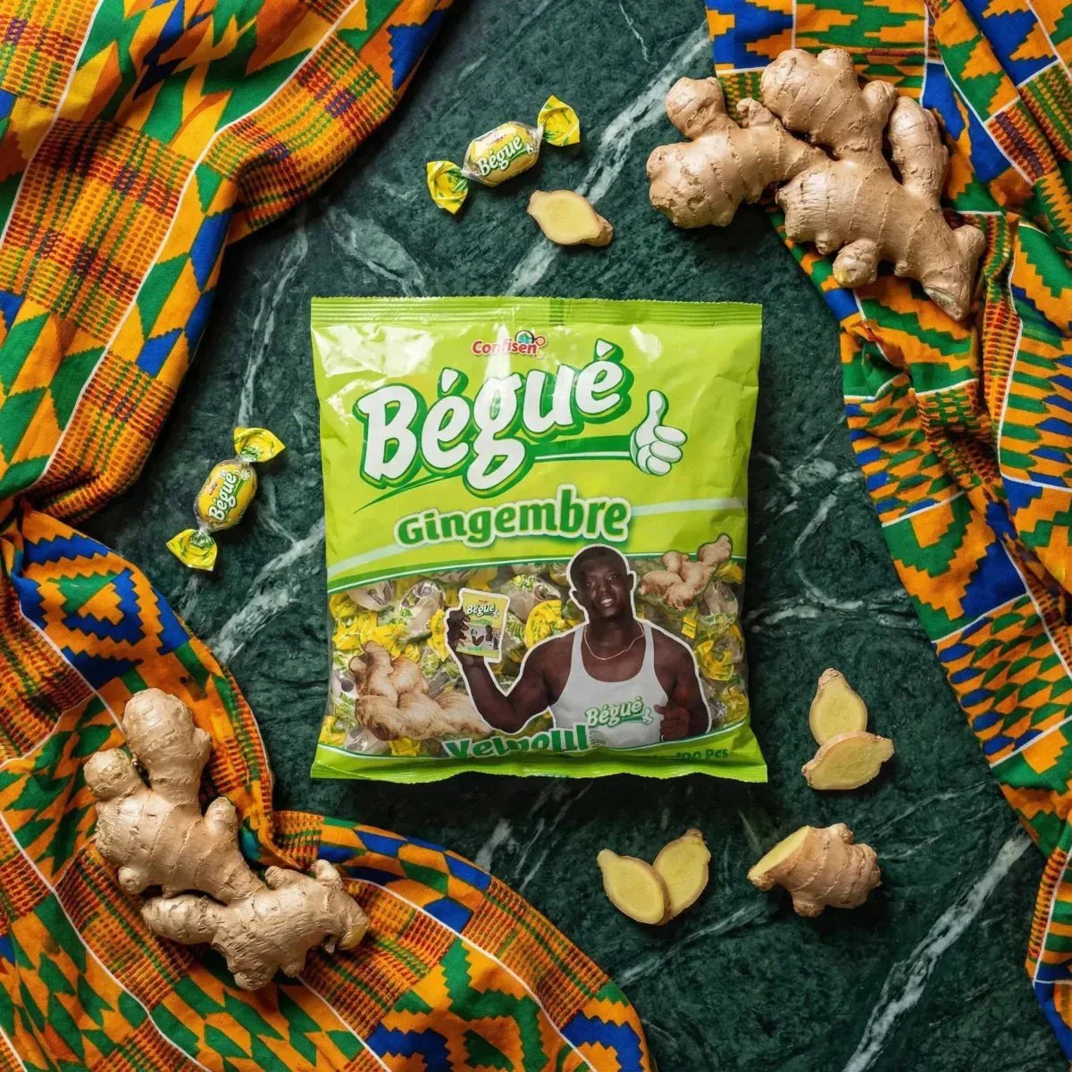 BÉGUÉ Ginger Candies, green pouch, colorful fabric, fresh ginger. Specialty from Madagascar.