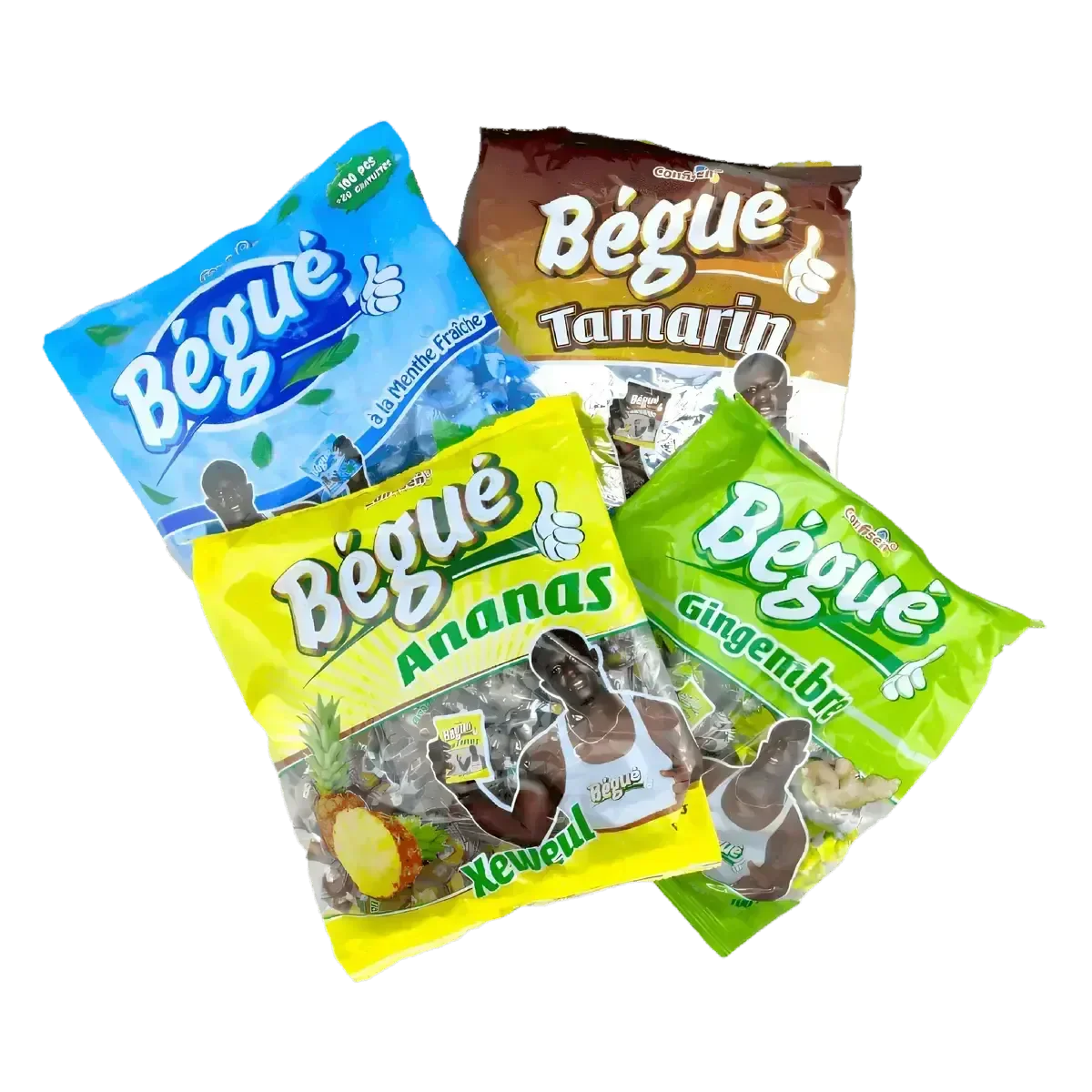 BÉGUÉ snoepjes assorti: munt, ananas, tamarinde, gember. Gekleurde zakjes, BÉGUÉ-logo.