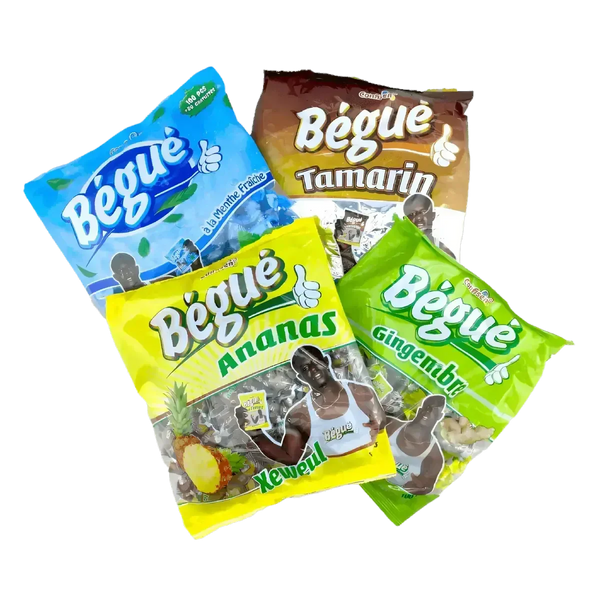 Bonbons BÉGUÉ assortis : menthe, ananas, tamarin, gingembre. Sachets colorés, logo BÉGUÉ.